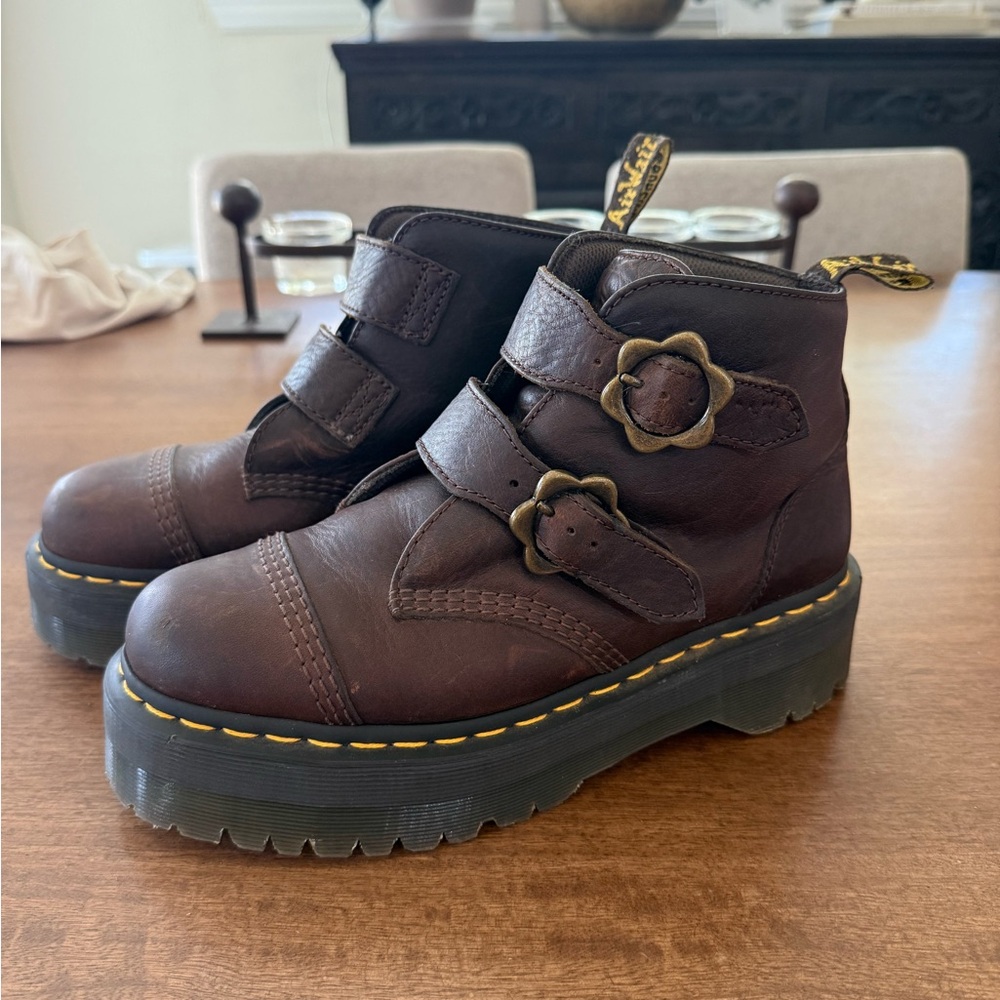 Dr. Martens Dark Brown Leather Platform Flower Buckle Ankle Boots - Picture 2 of 6